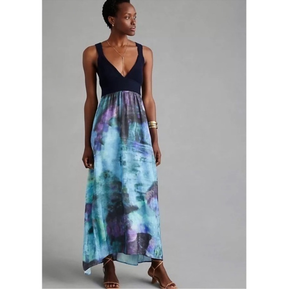 Anthropologie Navy and Teal Watercolor Midi Dress